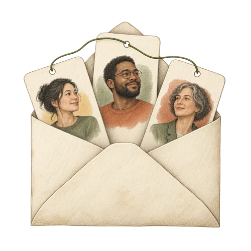 Portrait cards linked by an olive thread inside a letter