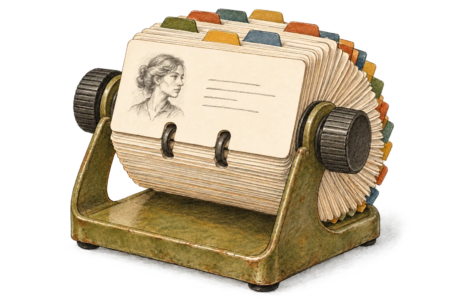 An olive and brass Rolodex filled with illustrated portrait cards